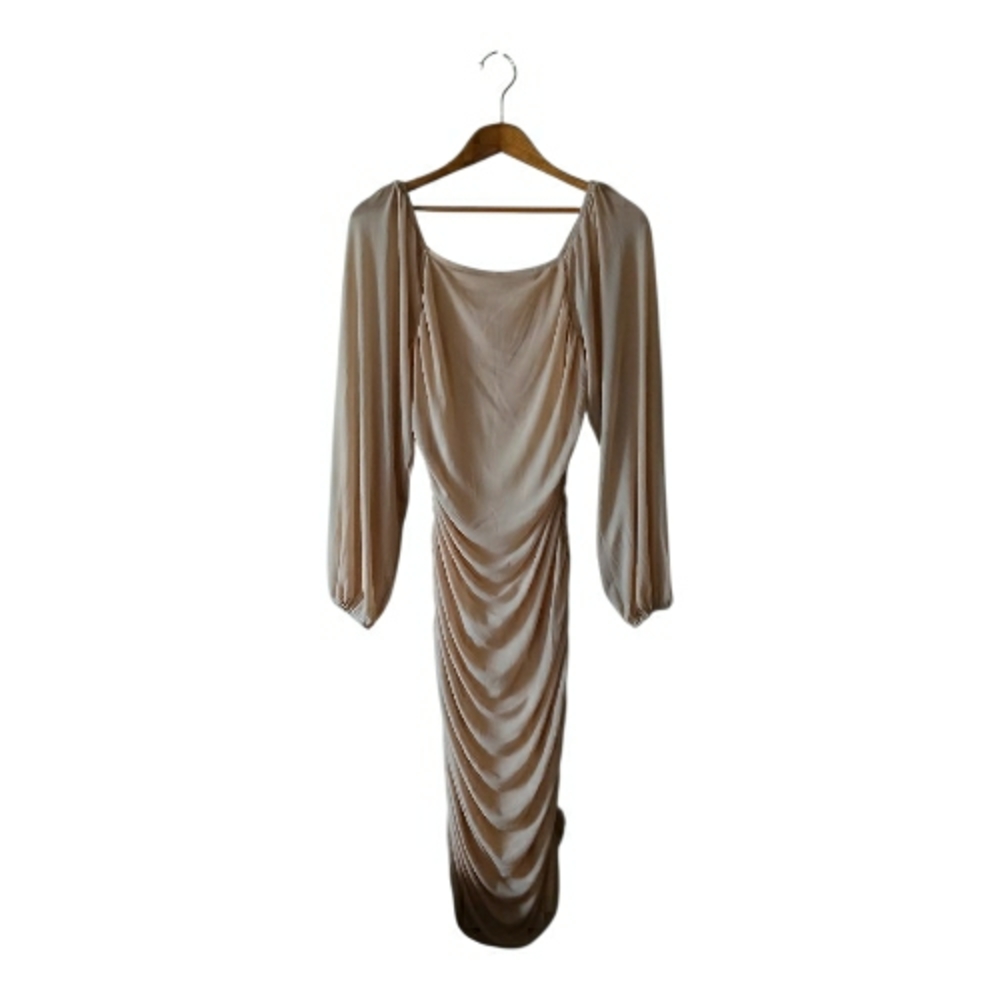 Women's Elegant Beige Ruched Dress - Size Medium